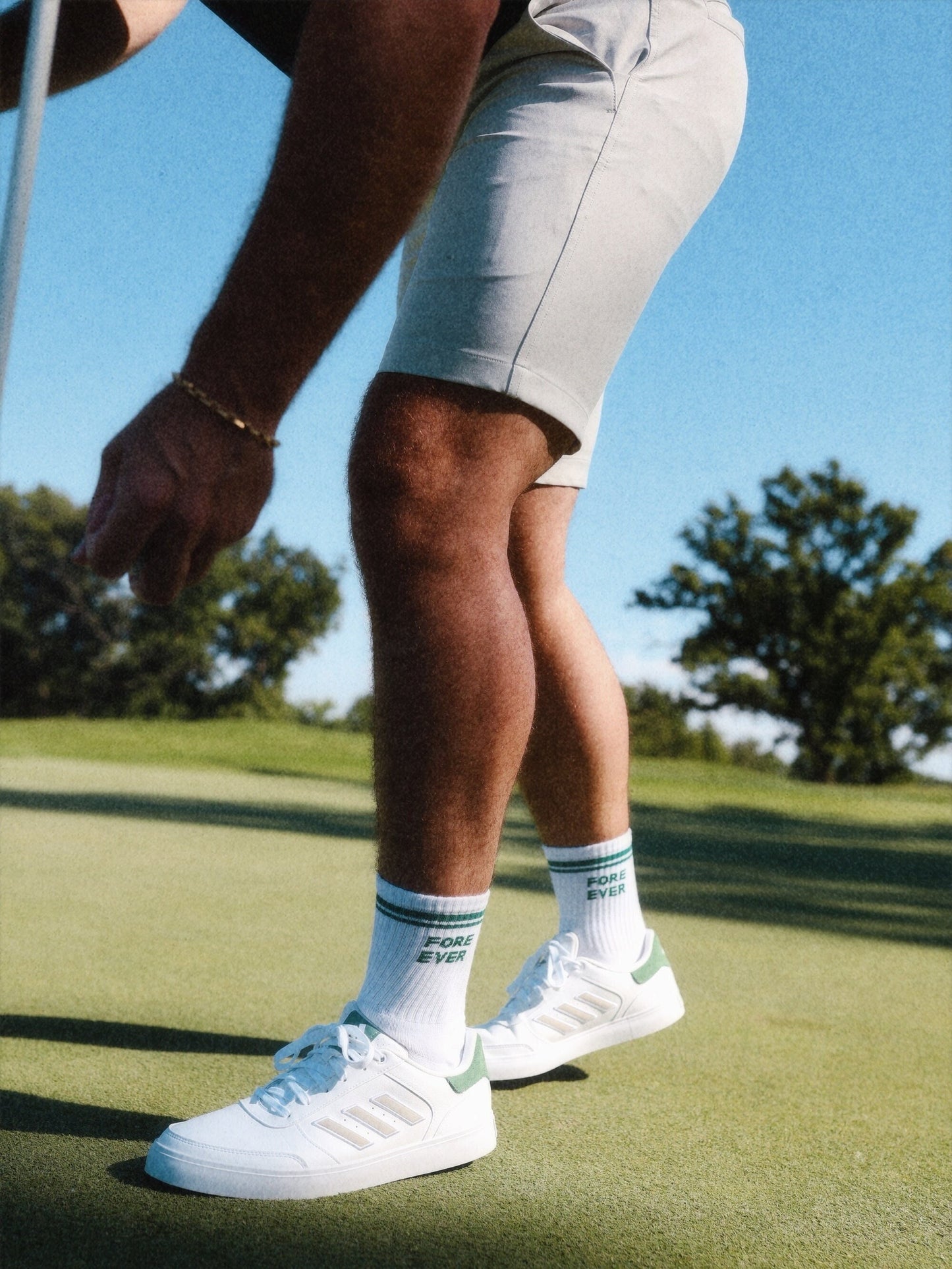 Embroidered Golf Socks for men and women by Blissful Socks that read Fore Ever. Made for couples getting married at a golf course, bachelorette or bachelor party favor or couples who love to golf.